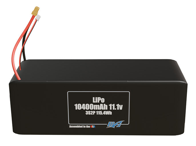 Front-facing render of the 11.1V 10400mAh 3S2P LiPo battery, assembled in the USA by maxamps, for drone and robotics applications.
