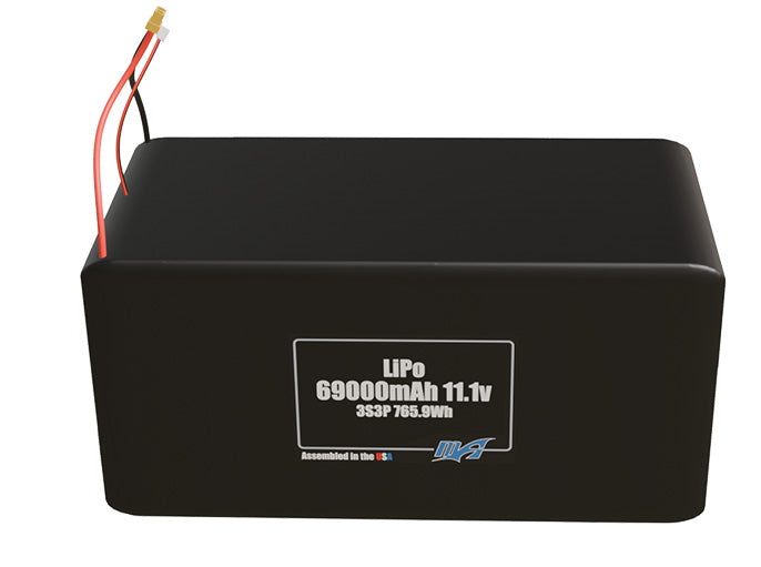 Front-facing render of the 11.1V 69000mAh 3S3P LiPo battery, assembled in the USA by maxamps, for drone and robotics applications.
