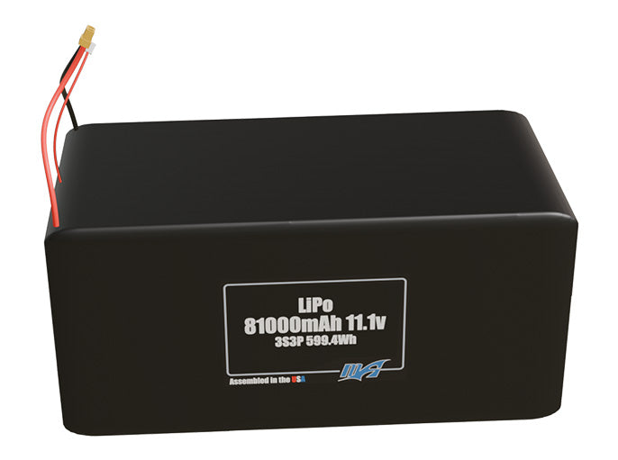 Front-facing render of the 11.1V 81000mAh 3S3P LiPo battery, assembled in the USA by maxamps, for drone and robotics applications.