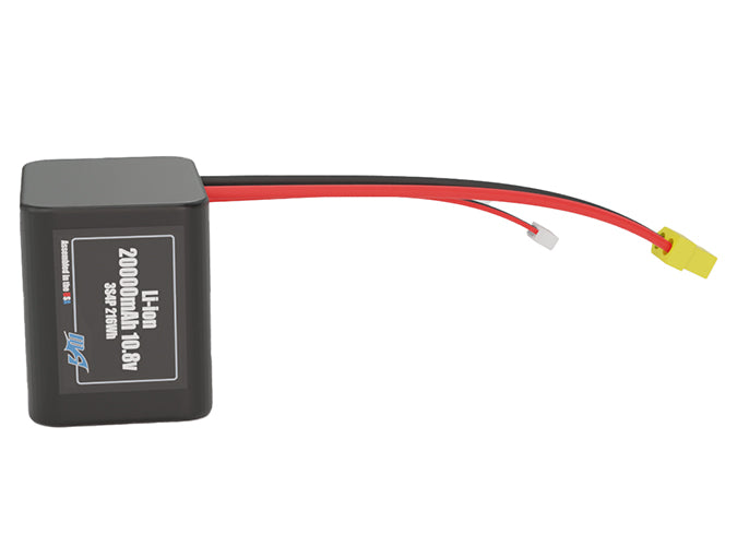 Front-facing render of the 10.8V 20000mAh 3S4P Lithium-Ion battery, assembled in the USA by maxamps, for drone and robotics applications.