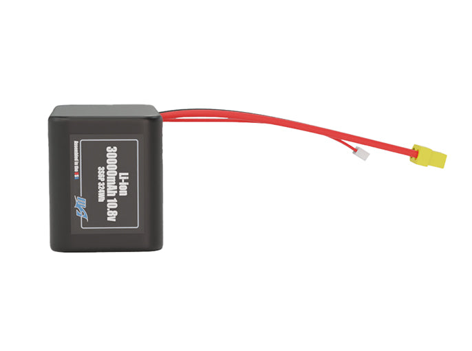 Front-facing render of the 10.8V 30000mAh 3S6P Lithium-Ion battery, assembled in the USA by maxamps, for drone and robotics applications.