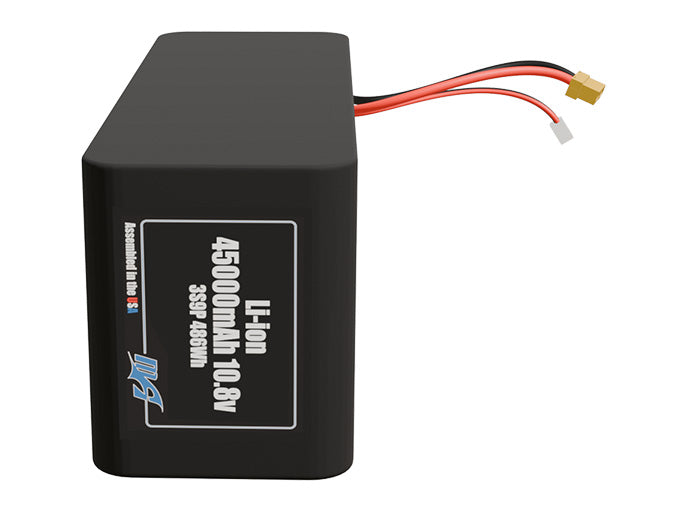 Front-facing render of the 10.8V 45000mAh 3S9P Lithium-Ion battery, assembled in the USA by maxamps, for drone and robotics applications.