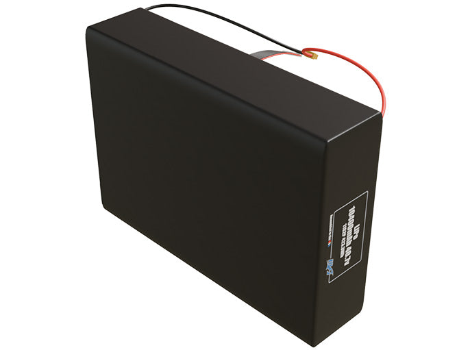 Side-angle render of a 40.7-volt 10400mAh lithium-polymer battery, assembled in the USA for compact UAV, drone, and military robotics platforms.