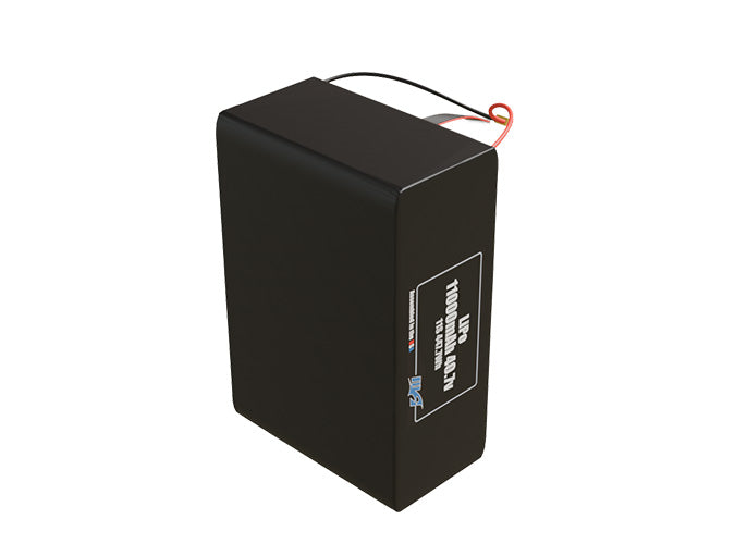 Side-angle render of a 40.7-volt 11000mAh lithium-polymer battery, assembled in the USA for compact UAV, drone, and military robotics platforms.