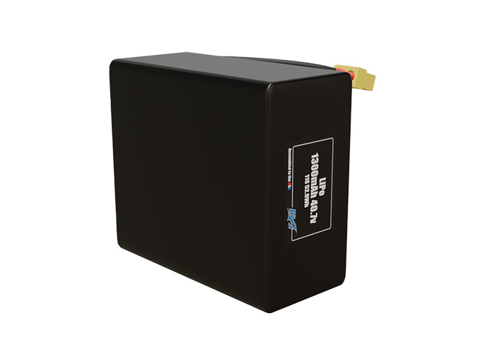 Side-angle render of a 40.7-volt 1300mAh lithium-polymer battery, assembled in the USA for compact UAV, drone, and military robotics platforms.