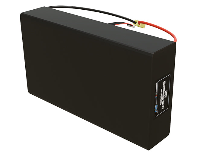 Side-angle render of a 40.7-volt 16000mAh lithium-polymer battery, assembled in the USA for compact UAV, drone, and military robotics platforms.