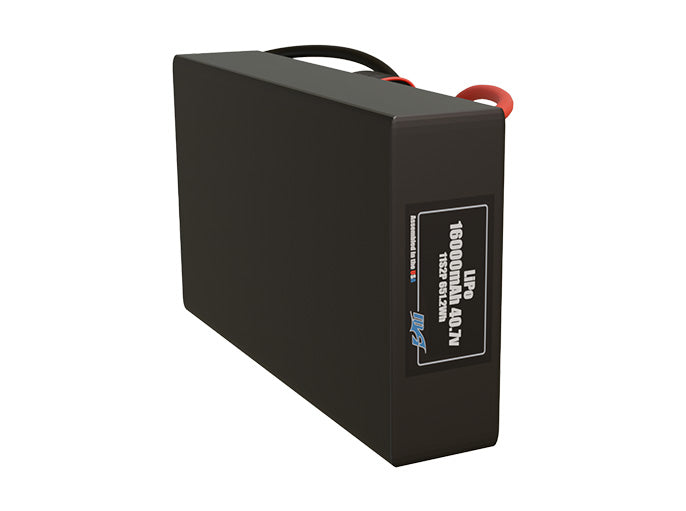 Side-angle render of a 40.7-volt 16000mAh lithium-polymer battery, assembled in the USA for compact UAV, drone, and military robotics platforms.