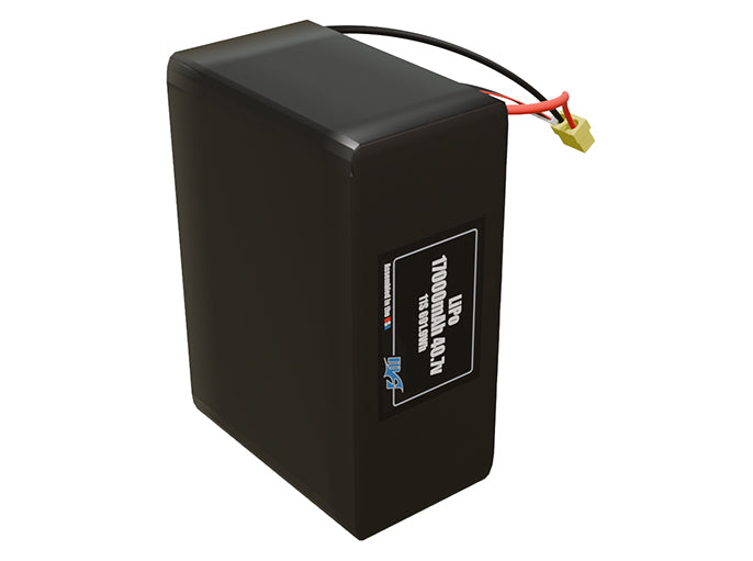 Side-angle render of a 40.7-volt 17000mAh lithium-polymer battery, assembled in the USA for compact UAV, drone, and military robotics platforms.