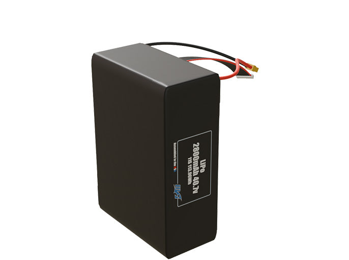 Side-angle render of a 40.7-volt 2800mAh lithium-polymer battery, assembled in the USA for compact UAV, drone, and military robotics platforms.