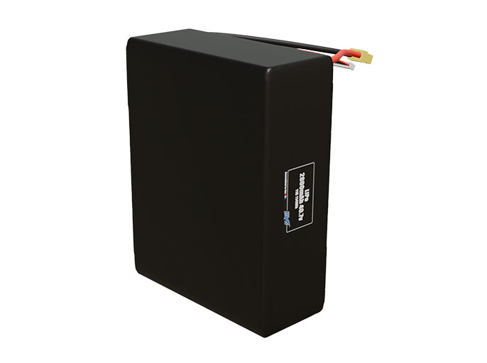 Side-angle render of a 40.7-volt 2800mAh lithium-polymer battery, assembled in the USA for compact UAV, drone, and military robotics platforms.