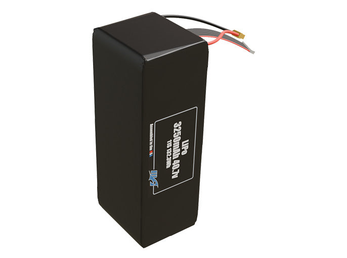 Side-angle render of a 40.7-volt 3250mAh lithium-polymer battery, assembled in the USA for compact UAV, drone, and military robotics platforms.