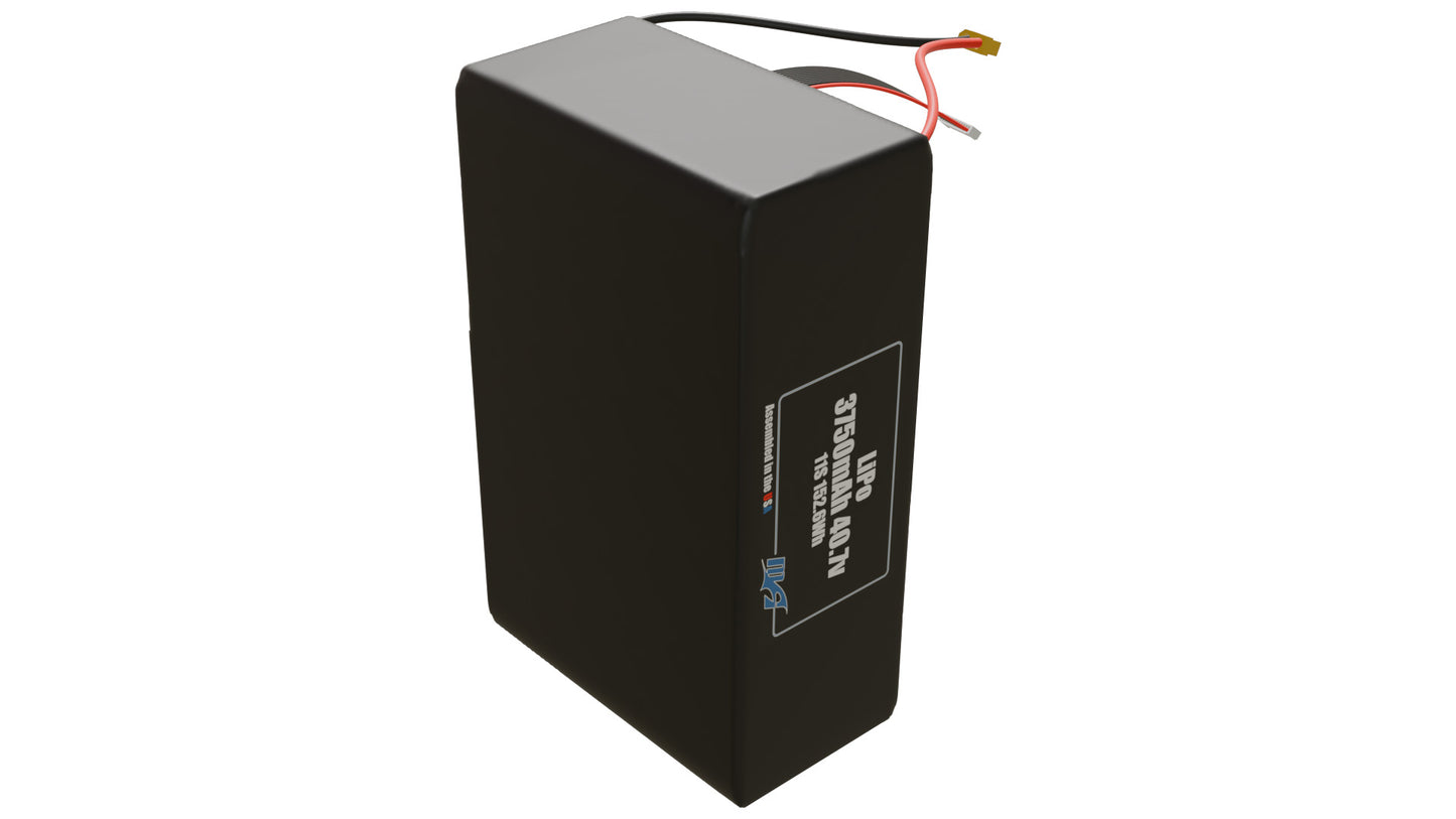 Side-angle render of a 40.7-volt 3750mAh lithium-polymer battery, assembled in the USA for compact UAV, drone, and military robotics platforms.