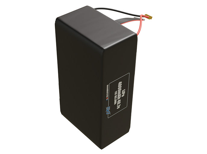 Side-angle render of a 40.7-volt 4000mAh lithium-polymer battery, assembled in the USA for compact UAV, drone, and military robotics platforms.