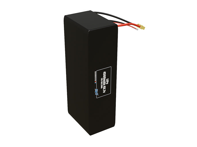 Side-angle render of a 40.7-volt 4500mAh lithium-polymer battery, assembled in the USA for compact UAV, drone, and military robotics platforms.