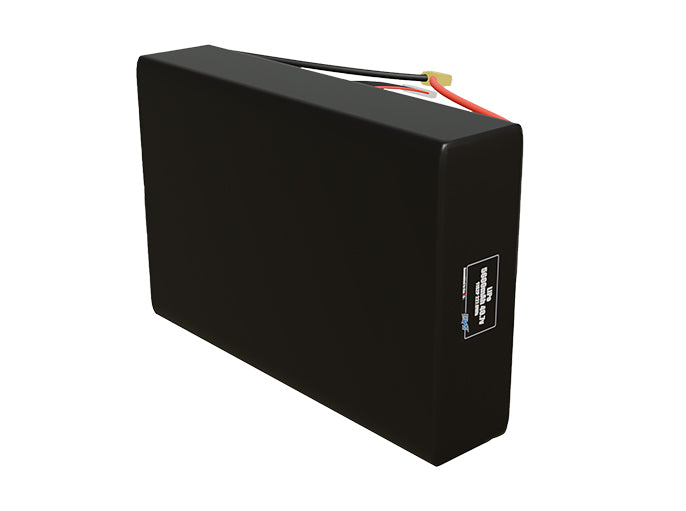 Side-angle render of a 40.7-volt 5600mAh lithium-polymer battery, assembled in the USA for compact UAV, drone, and military robotics platforms.