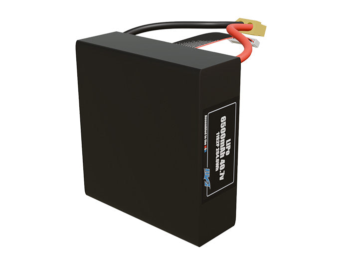 Side-angle render of a 40.7-volt 6500mAh lithium-polymer battery, assembled in the USA for compact UAV, drone, and military robotics platforms.