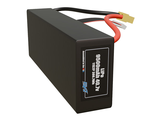 Side-angle render of a 40.7-volt 9500mAh lithium-polymer battery, assembled in the USA for compact UAV, drone, and military robotics platforms.