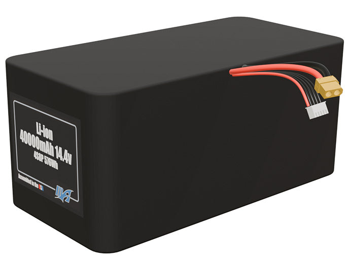 Angled product render of the 40000mAh 32-cell Lithium-ion pack. A lightweight energy source for UAV, drone, and robotic builds.
