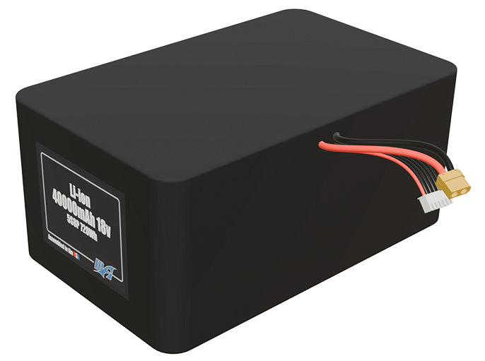 Angled product render of the 40000mAh 40-cell Lithium-ion pack. A lightweight energy source for UAV, drone, and robotic builds.