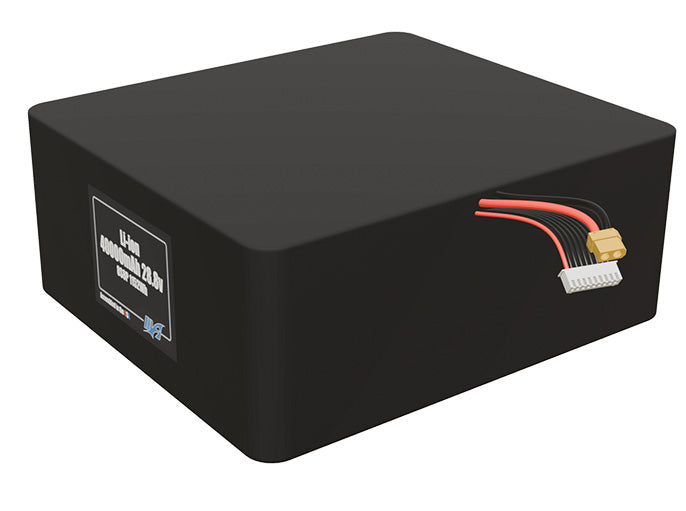 Angled product render of the 40000mAh 64-cell Lithium-ion pack. A lightweight energy source for UAV, drone, and robotic builds.