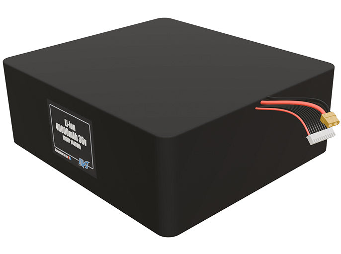 Angled product render of the 40000mAh 80-cell Lithium-ion pack. A lightweight energy source for UAV, drone, and robotic builds.