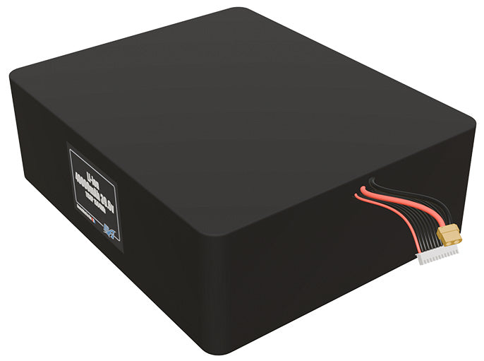 Angled product render of the 40000mAh 88-cell Lithium-ion pack. A lightweight energy source for UAV, drone, and robotic builds.