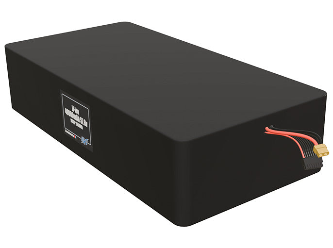 Angled product render of the 40000mAh 128-cell Lithium-ion pack. A lightweight energy source for UAV, drone, and robotic builds.