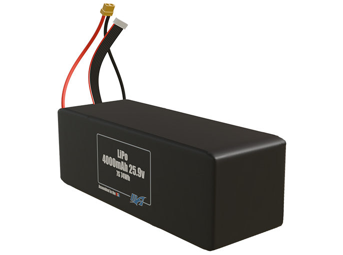 Angled product render of the 4000mAh seven-cell LiPo pack. A lightweight energy source for UAV, drone, and robotic builds.