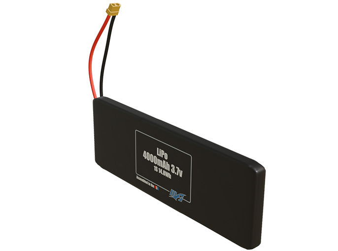 Angled product render of the 4000mAh single-cell LiPo pack. A lightweight energy source for UAV, drone, and robotic builds.