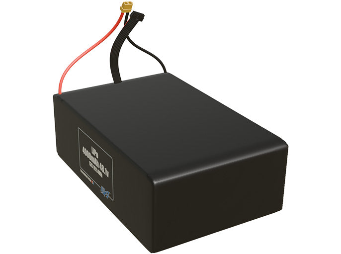 Angled product render of the 4000mAh thirteen-cell LiPo pack. A lightweight energy source for UAV, drone, and robotic builds.
