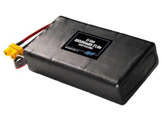 Angled product render of the 40500mAh 54-cell Lithium-ion pack. A lightweight energy source for UAV, drone, and robotic builds.