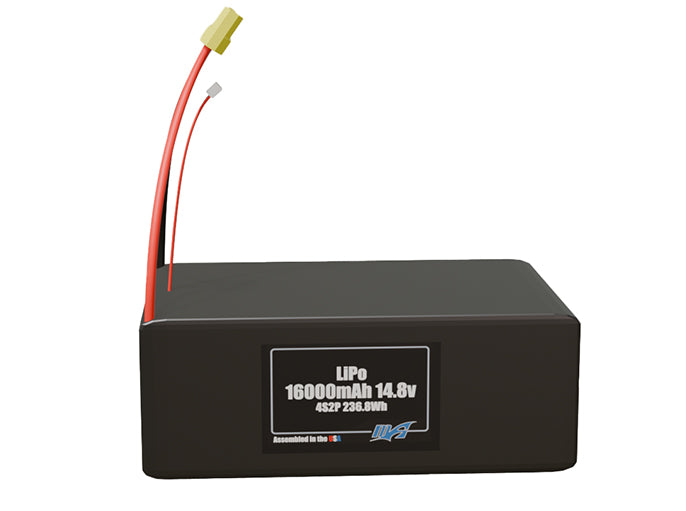 Front-facing render of the 14.8V 16000mAh 4S2P LiPo battery, assembled in the USA by maxamps, for drone and robotics applications.