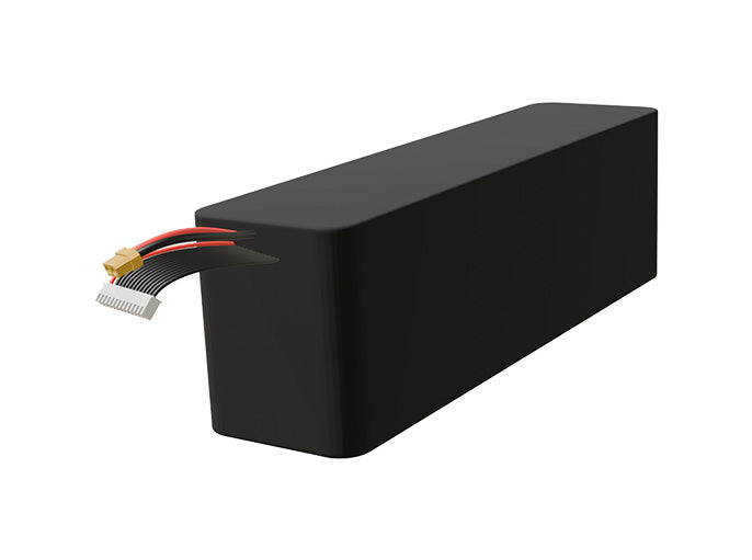 Side-angle render of a 43.2-volt 10500mAh lithium-ion battery, assembled in the USA for compact UAV, drone, and military robotics platforms.