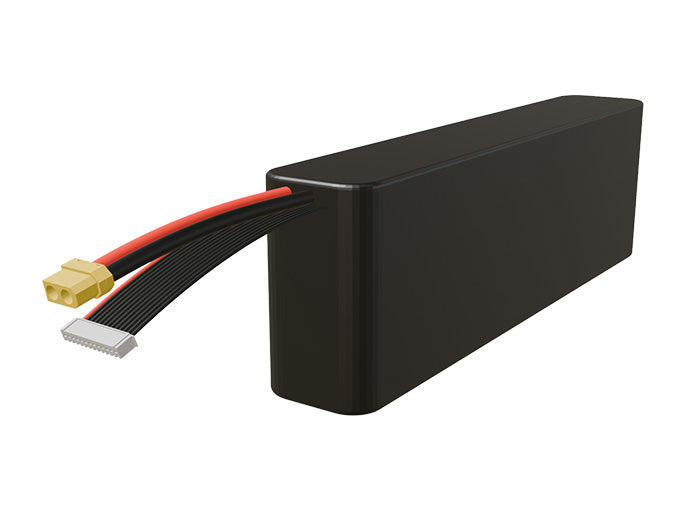 Side-angle render of a 43.2-volt 12000mAh lithium-ion battery, assembled in the USA for compact UAV, drone, and military robotics platforms.