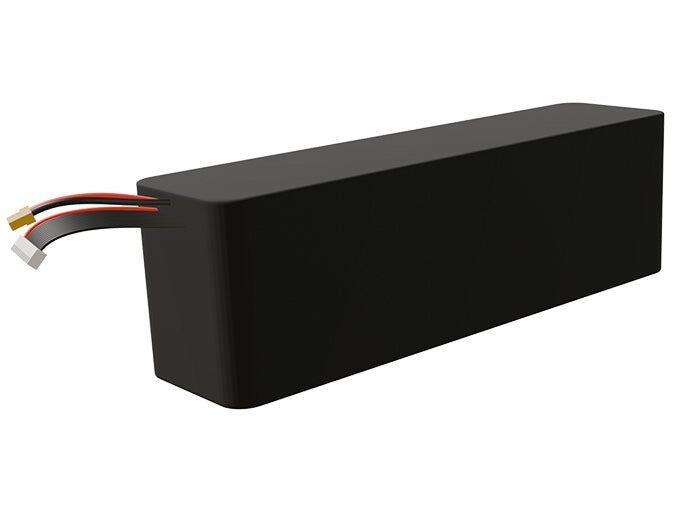 Side-angle render of a 43.2-volt 13500mAh lithium-ion battery, assembled in the USA for compact UAV, drone, and military robotics platforms.