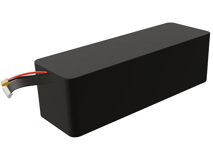 Side-angle render of a 43.2-volt 14000mAh lithium-ion battery, assembled in the USA for compact UAV, drone, and military robotics platforms.