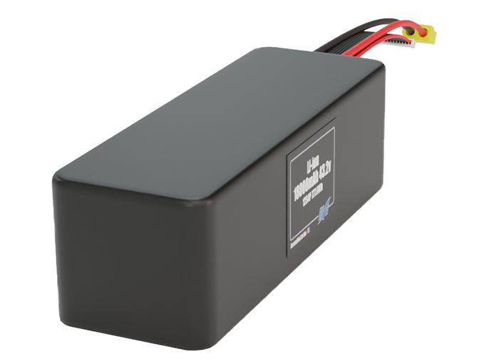 Side-angle render of a 43.2-volt 18000mAh lithium-ion battery, assembled in the USA for compact UAV, drone, and military robotics platforms.
