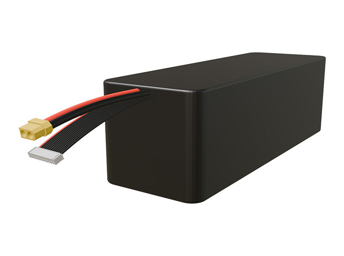 Side-angle render of a 43.2-volt 24000mAh lithium-ion battery, assembled in the USA for compact UAV, drone, and military robotics platforms.