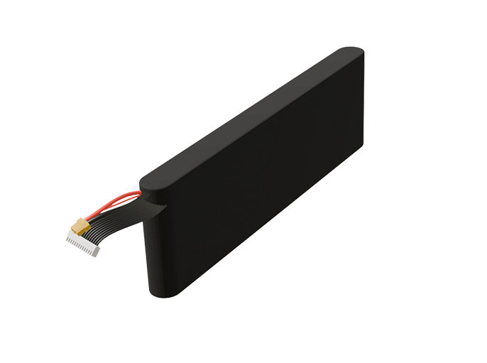 Side-angle render of a 43.2-volt 3500mAh lithium-ion battery, assembled in the USA for compact UAV, drone, and military robotics platforms.