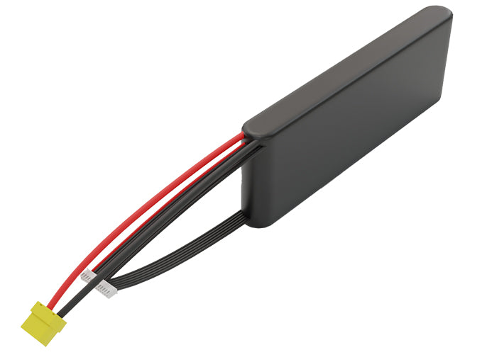 Side-angle render of a 43.2-volt 3500mAh lithium-ion battery, assembled in the USA for compact UAV, drone, and military robotics platforms.