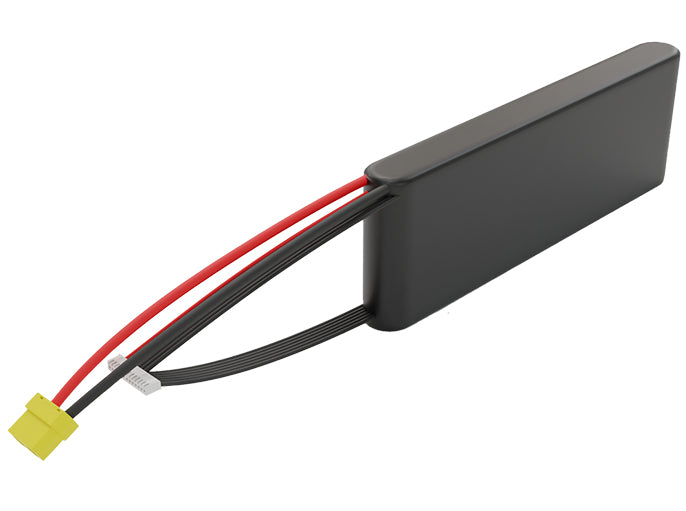 Side-angle render of a 43.2-volt 4500mAh lithium-ion battery, assembled in the USA for compact UAV, drone, and military robotics platforms.