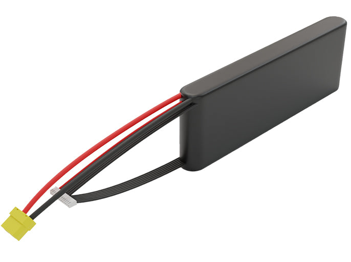 Side-angle render of a 43.2-volt 5000mAh lithium-ion battery, assembled in the USA for compact UAV, drone, and military robotics platforms.