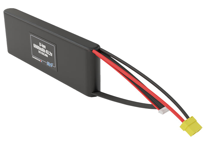 Side-angle render of a 43.2-volt 6000mAh lithium-ion battery, assembled in the USA for compact UAV, drone, and military robotics platforms.