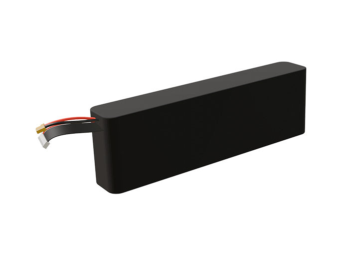 Side-angle render of a 43.2-volt 7000mAh lithium-ion battery, assembled in the USA for compact UAV, drone, and military robotics platforms.