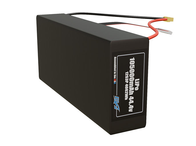 Side-angle render of a 44.4-volt 105000mAh lithium-polymer battery, assembled in the USA for compact UAV, drone, and military robotics platforms.