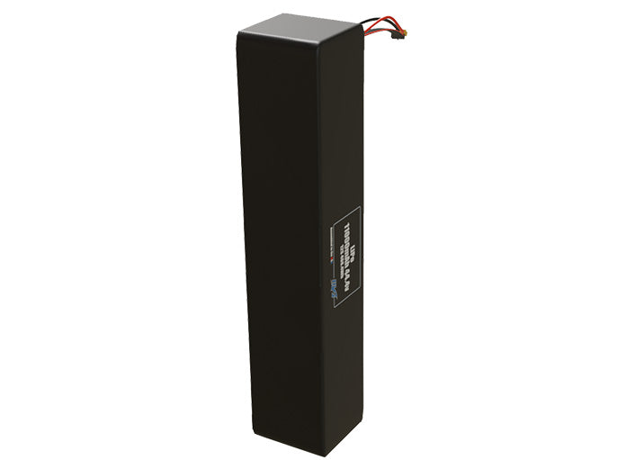 Side-angle render of a 44.4-volt 11000mAh lithium-polymer end to end battery, assembled in the USA for compact UAV, drone, and military robotics platforms.