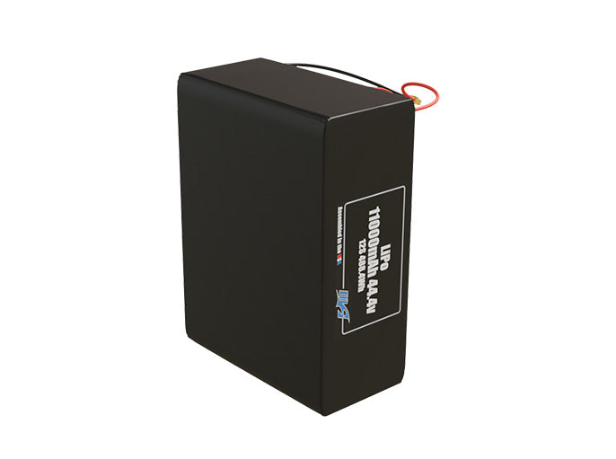 Side-angle render of a 44.4-volt 11000mAh lithium-polymer battery, assembled in the USA for compact UAV, drone, and military robotics platforms.