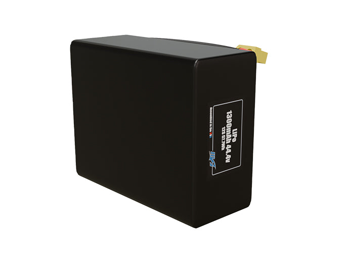 Side-angle render of a 44.4-volt 1300mAh lithium-polymer battery, assembled in the USA for compact UAV, drone, and military robotics platforms.