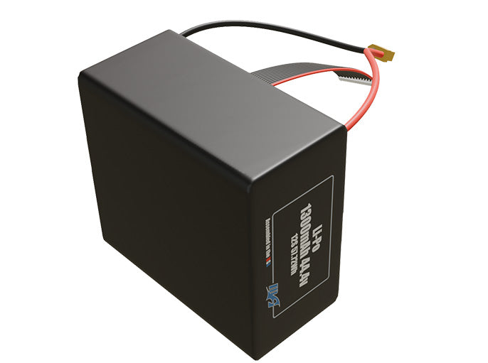 Side-angle render of a 44.4-volt 1300mAh lithium-polymer battery, assembled in the USA for compact UAV, drone, and military robotics platforms.