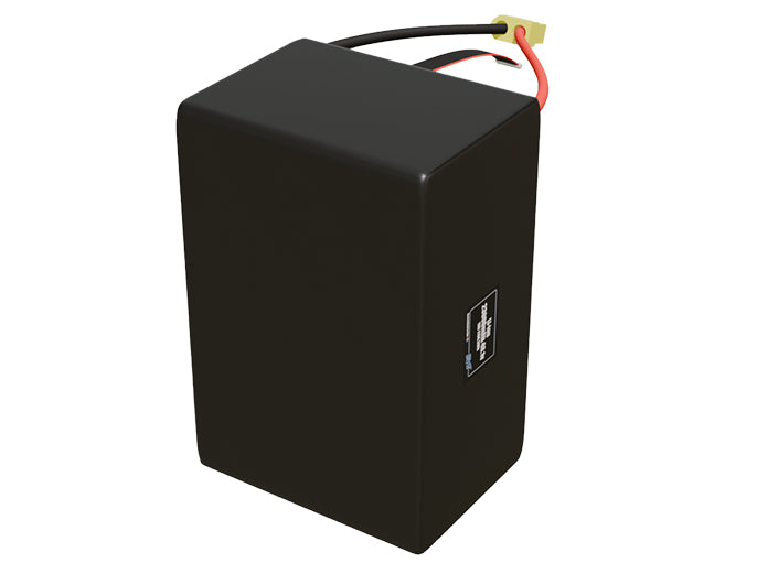 Side-angle render of a 44.4-volt 23000mAh lithium-polymer battery, assembled in the USA for compact UAV, drone, and military robotics platforms.